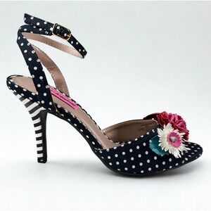 Betsey Johnson  Polka Dot Floral Heels Size 7 Strappy Sandals Fun Playful Pinup